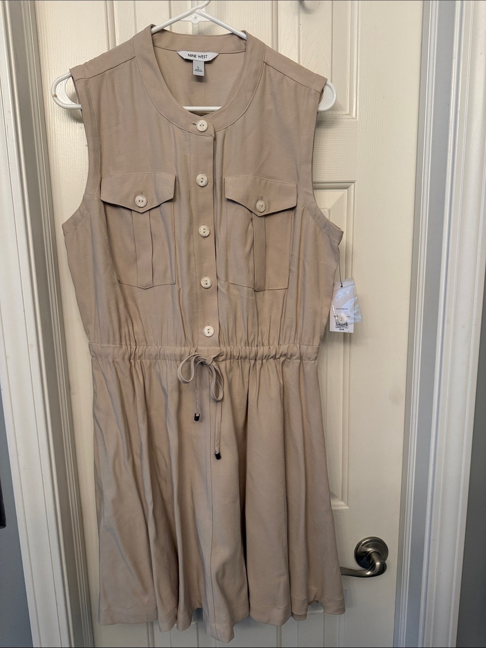 Nine West Sleeveless Drawstring Shirt Dress in Beige